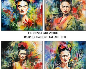 FRIDA In Watercolors, original art INSTANT Download, use for journals, cards, tags, Frida jewelry, 4 x 4 ceramic tiles, decoupage, Frida art