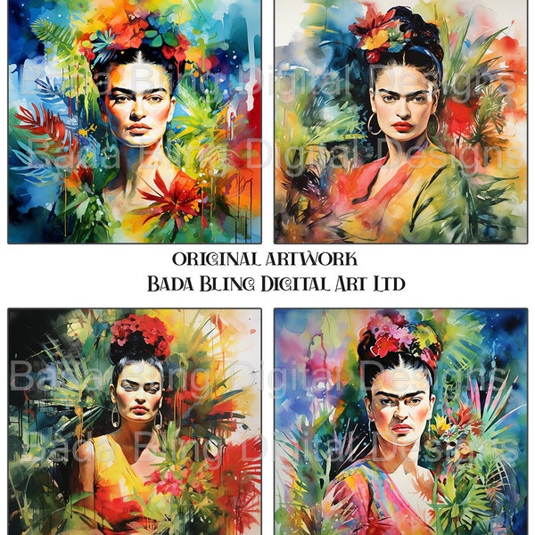 FRIDA In Watercolors, original art INSTANT Download, use for journals, cards, tags, Frida jewelry, 4 x 4 ceramic tiles, decoupage, Frida art