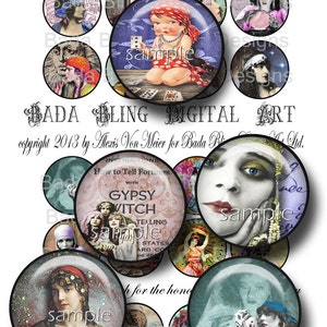 Op de afbeelding: Een digitale collage-sheet met ronde afbeeldingen van 3,8 cm doorsnee met afbeeldingen van waarzegsters, zigeuners en mystieke thema's. De afbeeldingen zijn in vintage stijl en bevatten illustraties van vrouwen in kleurrijke kleding, tarotkaarten en een zigeunerheks.