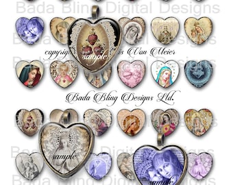 25mm hearts, collage sheets for jewelry,  Antique Prayer Cards & Holy Cards, heart pendants, Holy Mother, Madonna and Child, catholic images