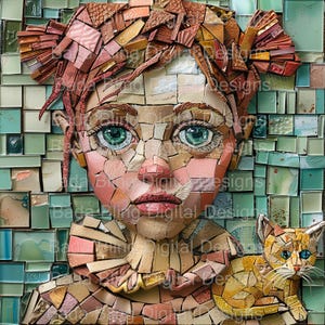 Imagem grande de menina e gatinho para impressão 12 x 12 JPEG Download instantâneo Impressão sob demanda, uso OK, downloads digitais, mosaico de arte para impressão