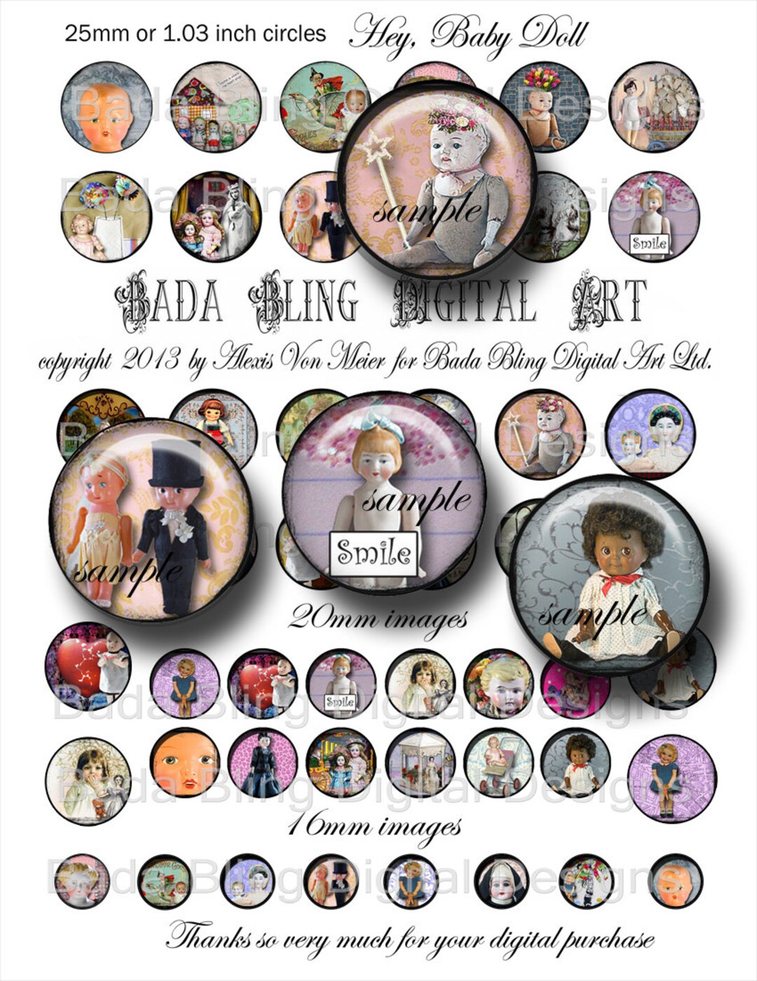 Hey Baby Doll 25mm 20mm and 16mm Circles... INSTANT DIGITAL Etsy