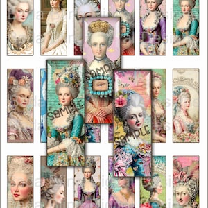 Puede incluir: Una colección de arte digital con retratos de mujeres con trajes históricos. Las imágenes muestran mujeres con peinados elaborados, vestidos ornamentados y joyas delicadas. La paleta de colores incluye tonos pastel suaves, con acentos dorados y florales. El texto "SAMPLE" es visible.