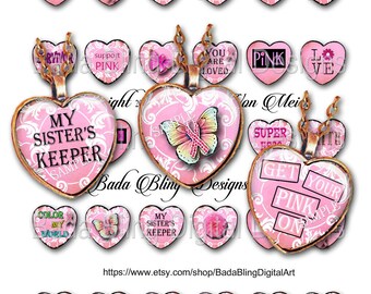 25mm hearts, Breast Cancer Awareness, original art digital collage sheets, INSTANT Digital Download at Checkout, Think PINK in October