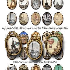 May include: A set of 16 vintage-style oval-shaped digital images featuring Parisian landmarks, including the Eiffel Tower, the Arc de Triomphe, and a hot air balloon. The images are in a distressed, aged style with a gold frame.