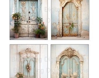 4 Vintage Elegant Doors in Blue, 2 JPEG files, INSTANT Downloads, journal pages, junk journals, cards and atcs, old doors in pink