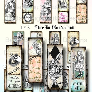 May include: A set of 12 digital printable bookmarks featuring illustrations from Alice in Wonderland. The bookmarks are in a vintage style with a distressed background. The text on the bookmarks includes quotes from the book, such as "I'm late, I'm late, for a very important date." and "Off with their heads."
