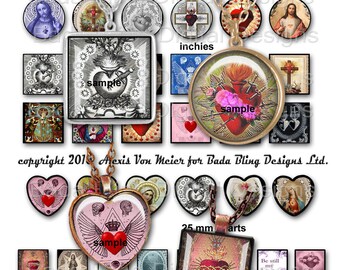 SACRED HEARTS sheet 2, jewelry sampler for pendants,  INSTANT  Digital Download , inchies, scrabble tiles, hearts, 25mm circles