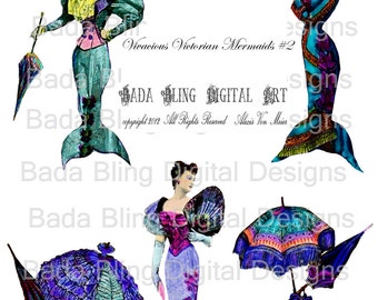 Victorian Mermaids,#  2 ...INSTANT DOWNLOAD,  mermaid collage sheets, hand painted mermaids of the Victorian Era,mermaid paperdolls,mermaid