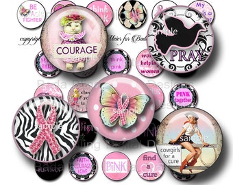 25mm circles, Breast Cancer Awareness,   INSTANT Digital Download at Checkout, collage sheets for breast cancer pendants, pink ribbons