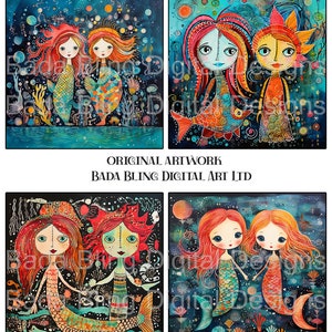 私の親友は人魚、オリジナルアートの即時ダウンロード、ジャーナル、カード、4 x 4 セラミックタイル、デコパージュ、ATC、人魚のコラージュシート