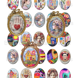 May include: Set of 20 hand-stitched 30mm x 40mm oval cabochons featuring various designs, including a house, a hand with a heart, a woman's face, and abstract patterns. The cabochons are framed in gold.