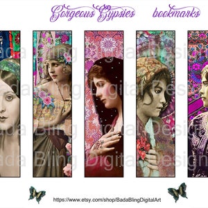 Hermosos gitanos, marcadores imprimibles, hojas de collage digitales, descargas digitales INSTANT, regalos para lectores ávidos, gitanos vintage, boho