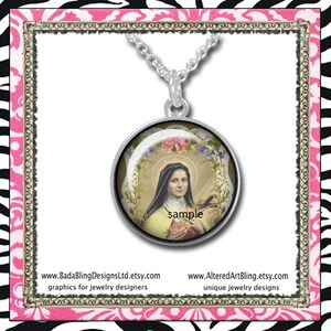 May include: A silver chain necklace with a round pendant featuring a colorful image of a woman in a white habit and a floral wreath. The pendant has the word "sample" printed on it.