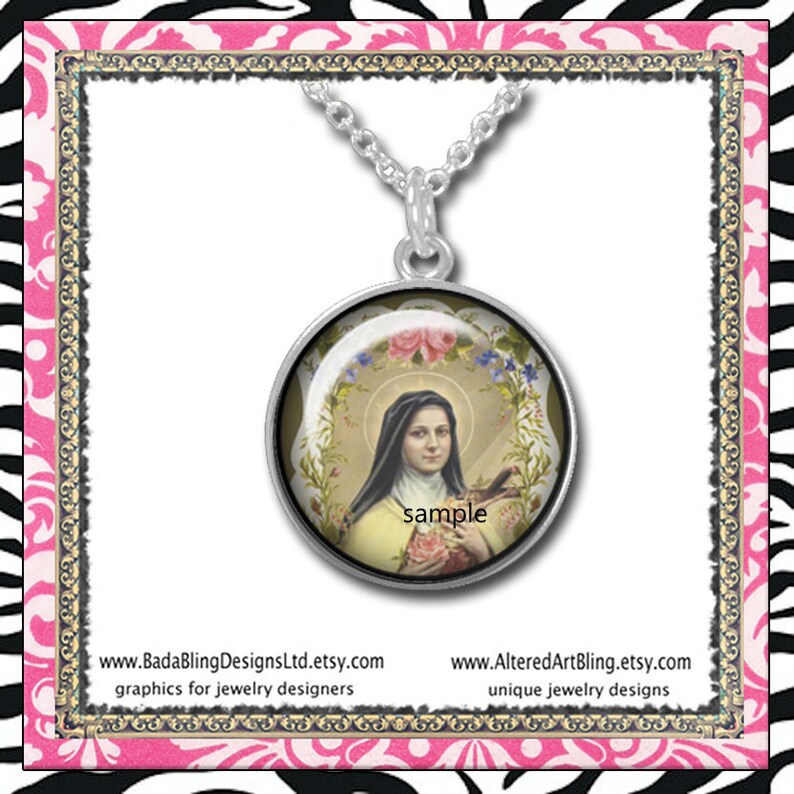 May include: A silver chain necklace with a round pendant featuring a colorful image of a woman in a white habit and a floral wreath. The pendant has the word "sample" printed on it.
