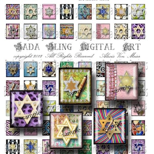 May include: A digital art print featuring a collection of Star of David designs in various colours and patterns. The designs are arranged in a grid and labelled "scrabble tiles". The print includes the text "BADA BLING DIGITAL ART" and "copyright 2012 All Rights Reserved Alexis Von Meier".