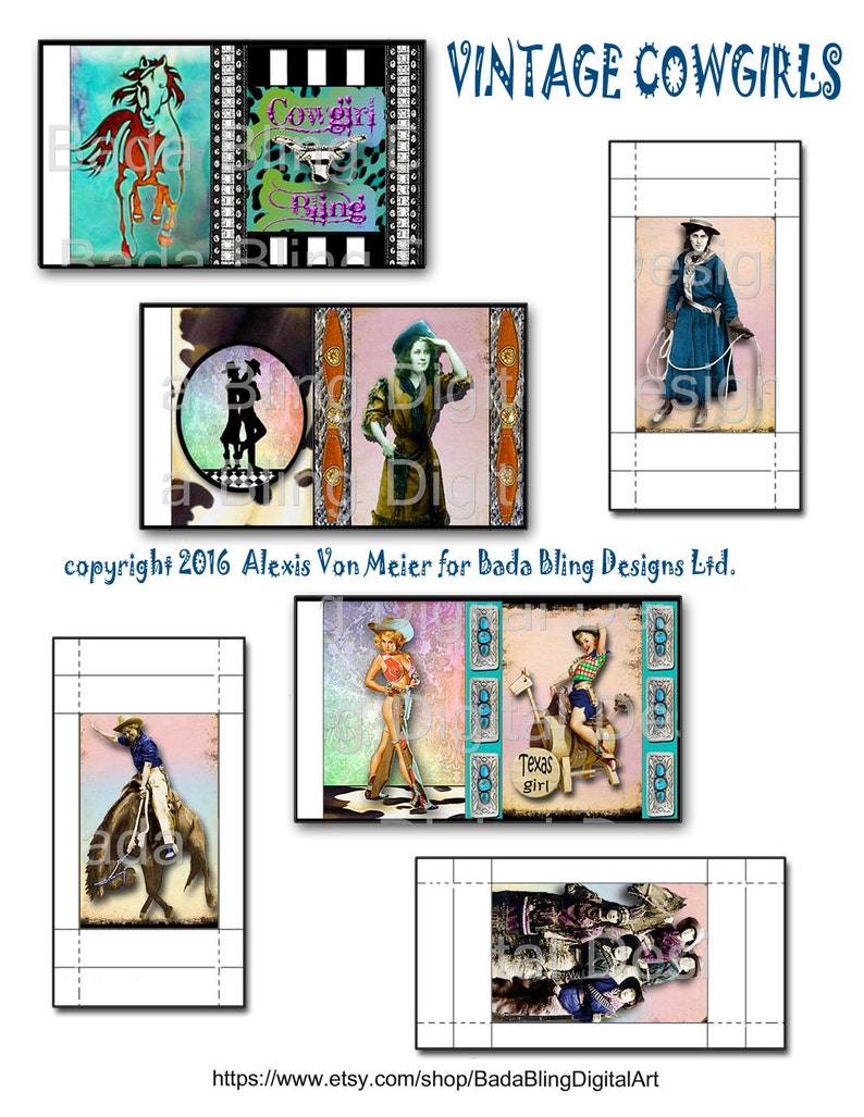 3 collage sheets create 9 different matchboxes INSTANT DOWNLOAD at Checkout..cowgirls cowgirl up gift boxes rodeo Vintage Cowgirl
