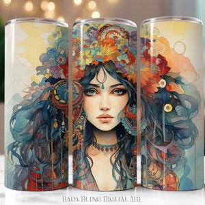 Gypsy Maiden, arte original, diseños de sublimación de vasos de 20 oz, archivos JPEG y PNG, descarga INSTANTÁNEA, diseños de vasos boho, diseños de vasos gitanos