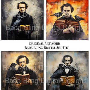 May include: A digital painting of Edgar Allan Poe, the author of The Raven, holding a book with a raven perched on his shoulder. The background is a dark, stormy sky. The painting is titled "Edgar Allan Poe & The Raven" and is signed "Original Artwork, Bada Bling Digital Art Ltd. Copyright 2023 for Deborah Savage."