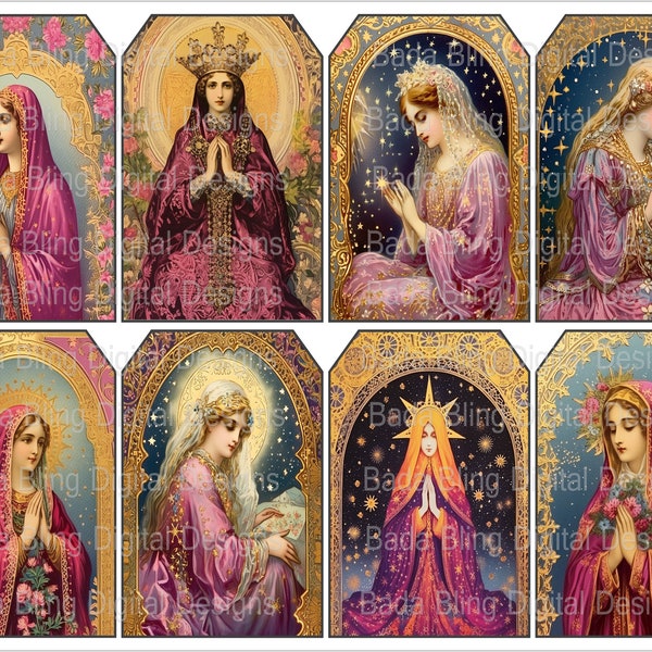 Ornate Holy Mother Mary gift tags, Instant Downloads, original art Catholic prayer cards, Catholic gift tags, vintage Madonna downloads
