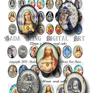 May include: A digital collage of Catholic religious images and medals in various sizes. The images include Jesus, Mary, and saints. The images are in oval shapes and are suitable for use in crafts and jewelry making.