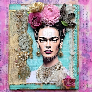 Collage de Frida Kahlo n.° 1 de 4 imágenes grandes, arte original para imprimir, se permite su uso en bloques de tela, páginas de diario, camisetas, arte de pared, decoupage