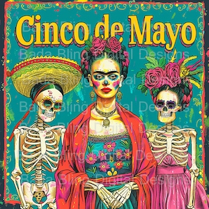 Cinco de Mayo Frida y sus amigos, imagen grande imprimible, arte original, POD, uso permitido, bloques de tela, páginas de diario, camisetas, cuadernos, archivo PNG