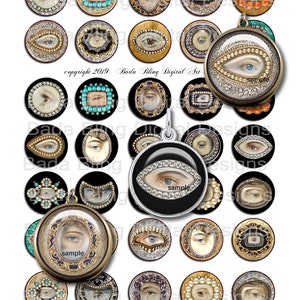 May include: A set of 30mm round digital printable images featuring Victorian-style eyes with various designs and colors. The images are perfect for crafting projects, scrapbooking, and digital art.