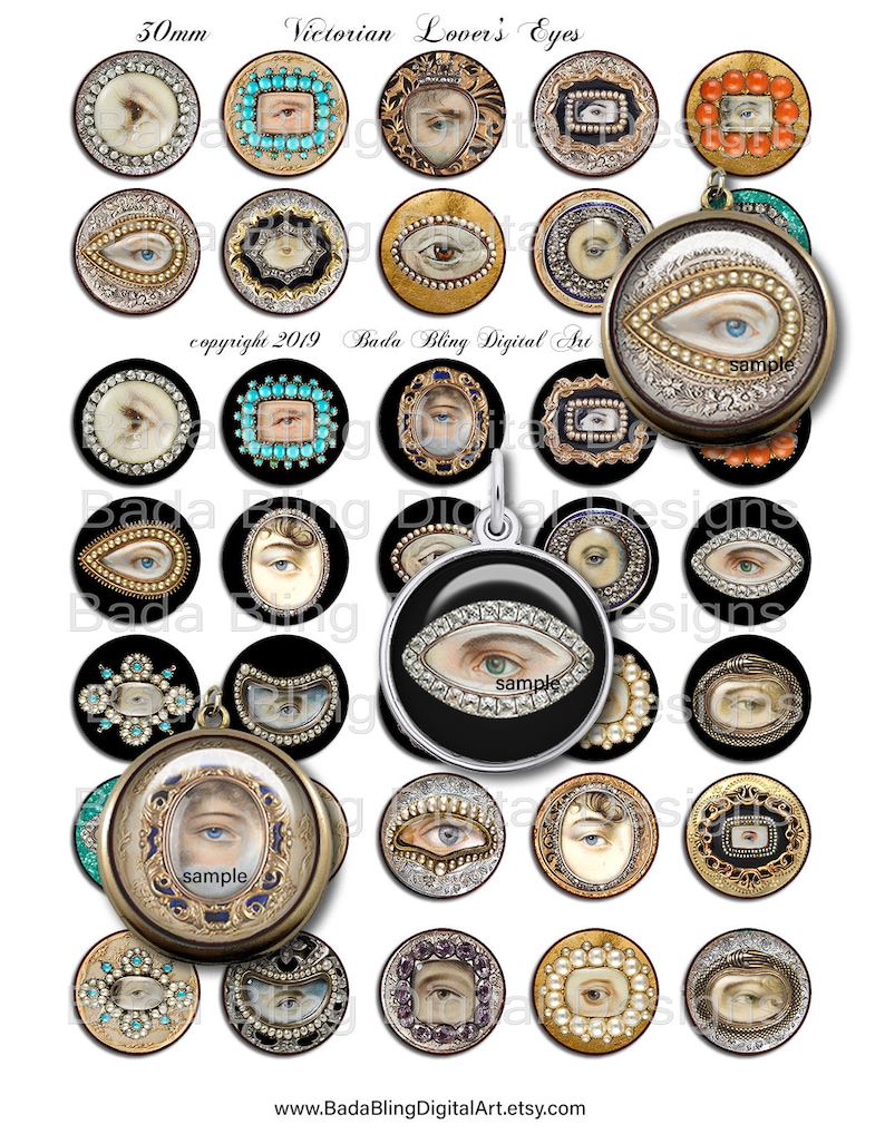 May include: A set of 30mm round digital printable images featuring Victorian-style eyes with various designs and colors. The images are perfect for crafting projects, scrapbooking, and digital art.