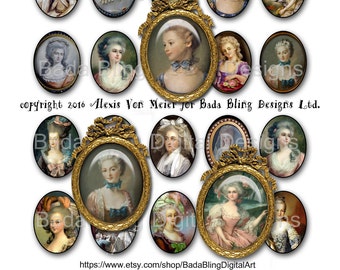 May include: A digital collage of 16 oval portraits of Marie Antoinette, each framed in gold. The portraits are arranged in a grid pattern, with the text "Marie Antoinette, before The Fall" at the top. The text "copyright 2016 Alexis Von Meier for Bada Bling Designs Ltd." is at the bottom.