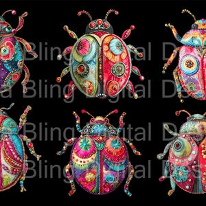 Könnte beinhalten: Sechs farbenfrohe, dekorative Käfer-Illustrationen auf schwarzem Hintergrund. Jeder Käfer weist komplizierte Muster und eine Vielzahl von Farben auf, darunter Rot, Blau, Grün und Gelb. Die Designs scheinen digital erstellt zu sein.