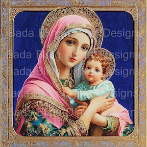 Madonna col Bambino n. 3 di 12 opere d'arte con tecniche miste DOWNLOAD IMMEDIATO, fogli di collage religiosi Immagini cattoliche di dimensioni 12 x 12 e 8 x 8 immagini religiose