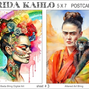 Cartes postales FRIDA #3, feuille de collage numérique de cartes postales imprimables d'art original Téléchargements numériques instantanés Artiste mexicaine Frida, chaque image mesure 5 x 7
