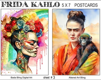 Cartes postales FRIDA #3, feuille de collage numérique de cartes postales imprimables d'art original Téléchargements numériques instantanés Artiste mexicaine Frida, chaque image mesure 5 x 7