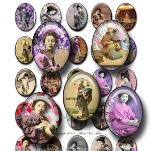 May include: A set of 12 digital art images featuring geishas in various poses and settings. The images are in a circular shape and are perfect for crafting projects. The images are 30mm x 40mm.