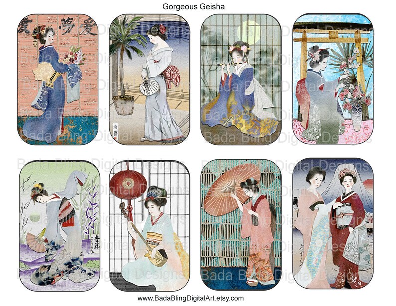 Gorgeous Geisha for Altoid tin art, printable gift tags, digital collage sheets, INSTANT Digital Download, Geishas, vintage Orientals, zen image 1