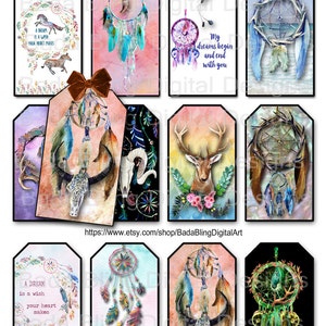 Boho, Tribal, Dreamcatcher, regalo etiquetas, descarga inmediata, etiquetas de regalo imprimibles, hojas de collage de boho, descargas digitales, gitano, etiquetas, atcs