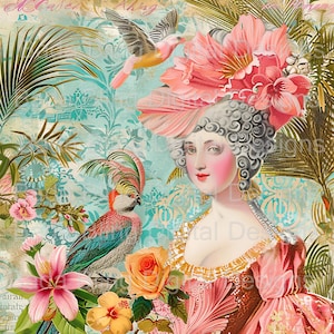 Hoja n.° 5 de María Antonieta de vacaciones en los trópicos, arte original, DESCARGA INMEDIATA, diarios con bloques de tela con arte imprimible de María Antonieta