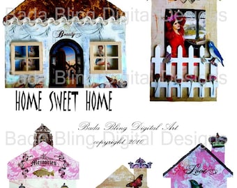 Home Sweet Home, a digital collage sheet of original art... INSTANT  Digital Download at Checkout, houses, atcs, paperdoll houses