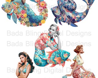 Five Mermaids mermaid collage sheets  INSTANT Download at Checkout, Original Art mermaids, mermaid art,  PNG and JPEG files  paper dolls