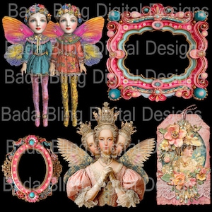 May include: A digital collage featuring fairy dolls, ornate frames, and a portrait of a woman with a crown and wings. The color palette includes pink, teal, gold, and floral accents. The overall theme is vintage and whimsical.