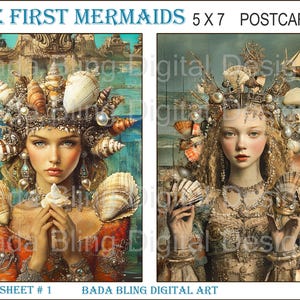 The First Mermaids Postkarten #1 von 4 original Kunst druckbare Postkarten digitale Collage collage INSTANT Downloads 5 x 7 Meerjungfrau Postkarten