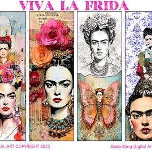 En honor a FRIDA HOJA 3, marcadores de arte originales para imprimir, hojas de collage digital, descargas digitales INSTANTÁNEAS, artista mexicana Frida