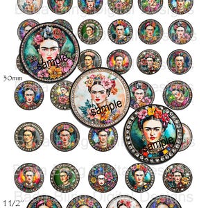 May include: A set of 30mm round, colorful, rhinestone-framed images of Frida Kahlo. The images are arranged in a grid pattern and feature different portraits of Frida Kahlo. The images are perfect for crafting projects, such as jewelry, keychains, and magnets.