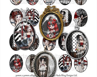Chicas góticas y payasos, Pierrot, hojas de collage de 30 mm x 40 mm, descarga instantánea, gótico, rojo y negro, payasos, imágenes góticas, cabinas ovaladas, steampunk