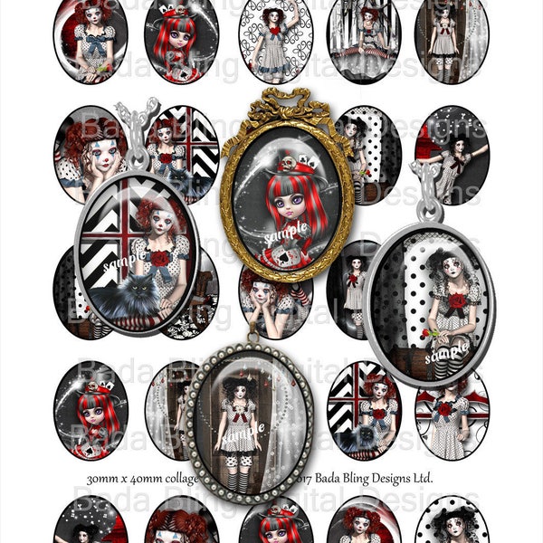 Gotische Gals en Clowns, Pierrot, 30 x 40 mm collage vellen, INSTANT Download, goth, rood en zwart, clowns, gotische beelden, ovale cabines, steampunk