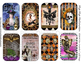 Hip Hip HALLOWEEN printable Altoid tin inserts for shrines or gift tags, digital collage sheets, printable gift tags, ravens, mermaid, witch