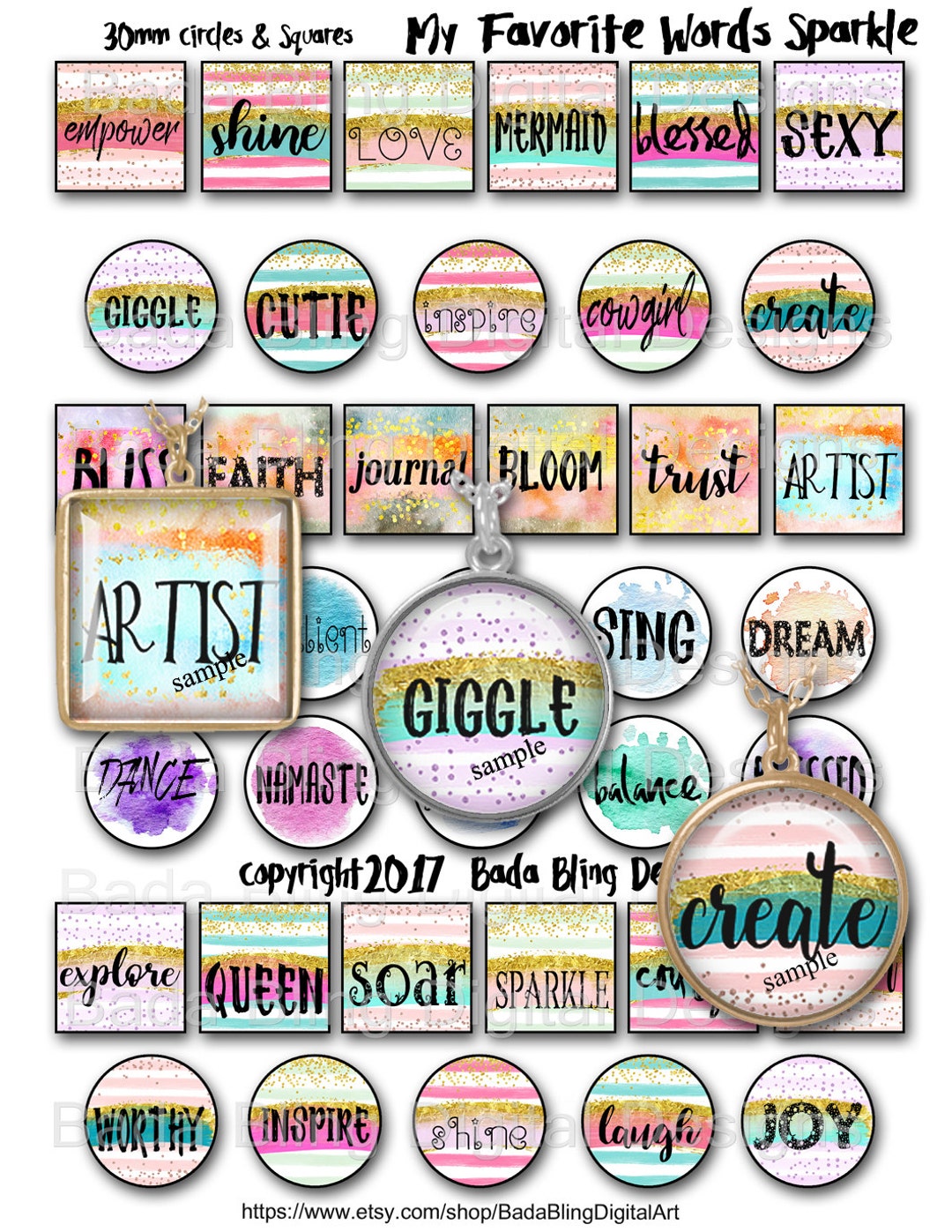 30mm Circles and Squares My Favorite Words Sparkle INSTANT - Etsy