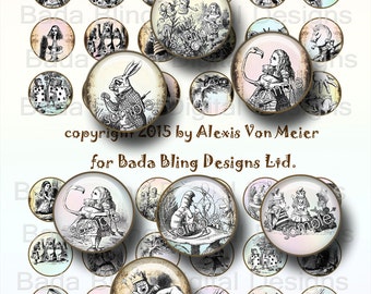 1 inch circles, 25mm, Alice in Wonderland,   INSTANT  Digital Download at Checkout, digital collage sheets for jewelry making