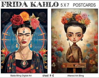 Cartes postales FRIDA #5 feuilles de collage numérique de cartes postales imprimables d'art originales Téléchargements numériques instantanés Artiste mexicaine Frida, chaque image mesure 5 x 7